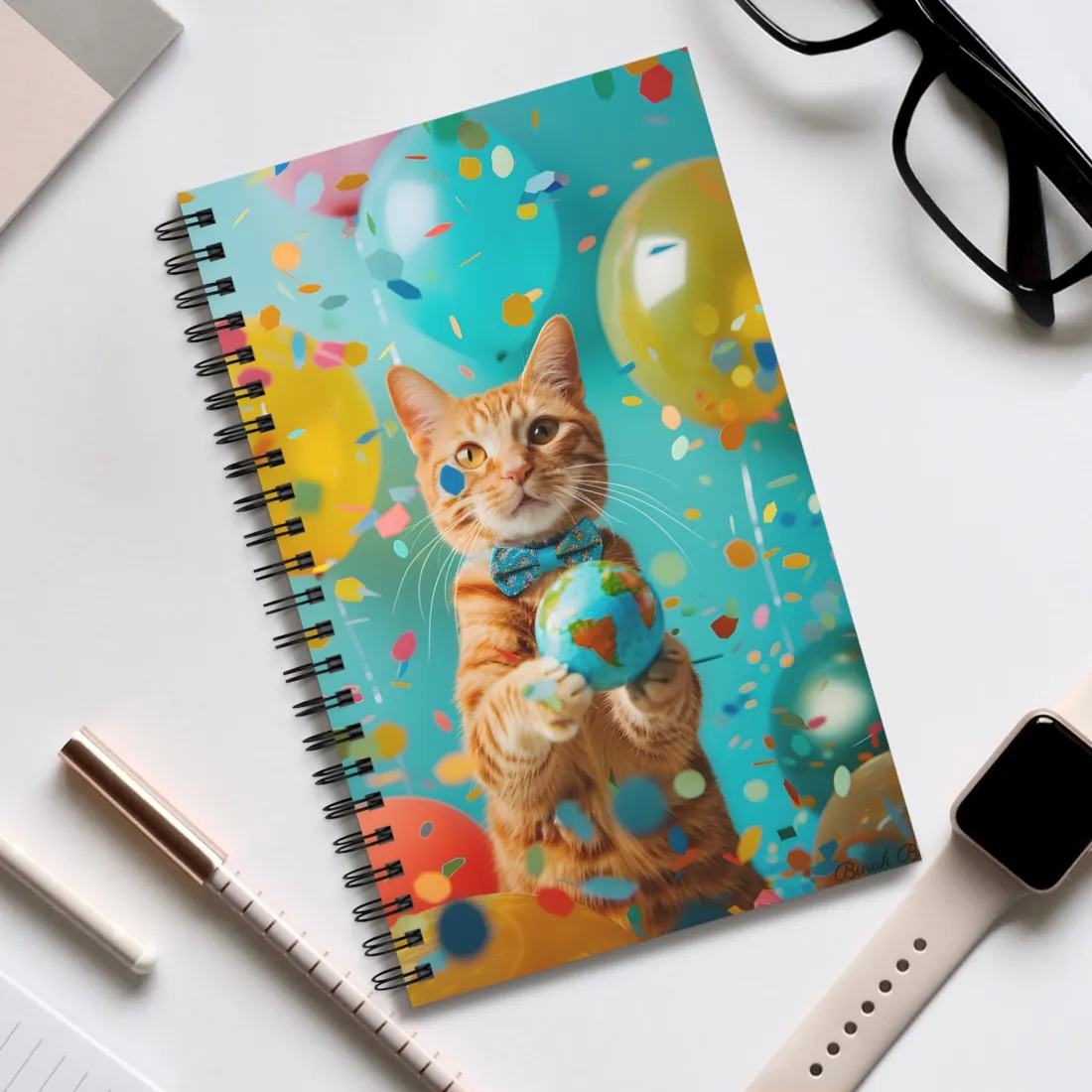 Charming Whiskers: Cat in Bow Tie with Mini Flag - Spiral Notebook