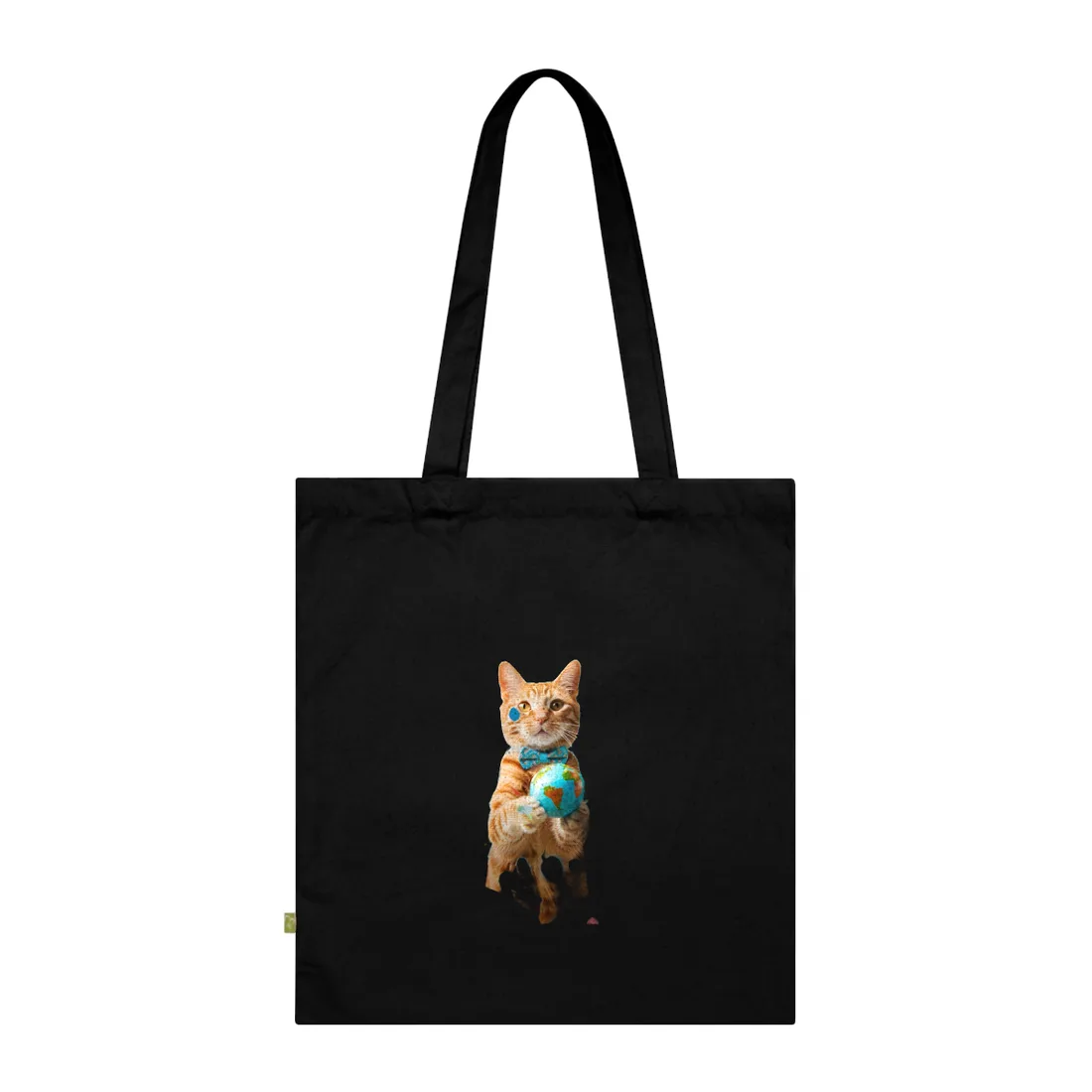 Charming Whiskers: Cat in Bow Tie with Mini Flag - Tote Bag (Black)