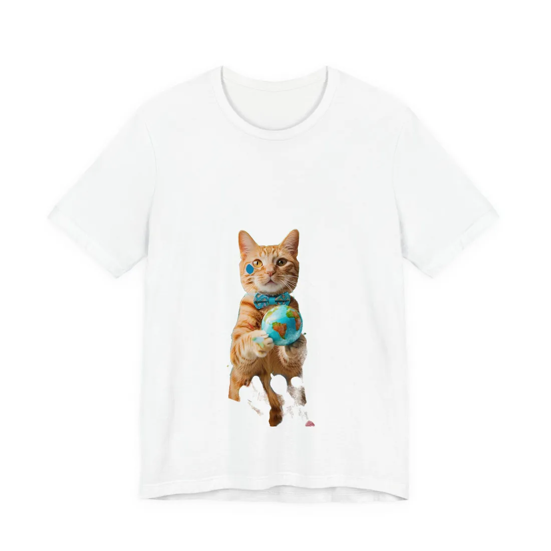 Charming Whiskers: Cat in Bow Tie with Mini Flag - T-Shirt (White)