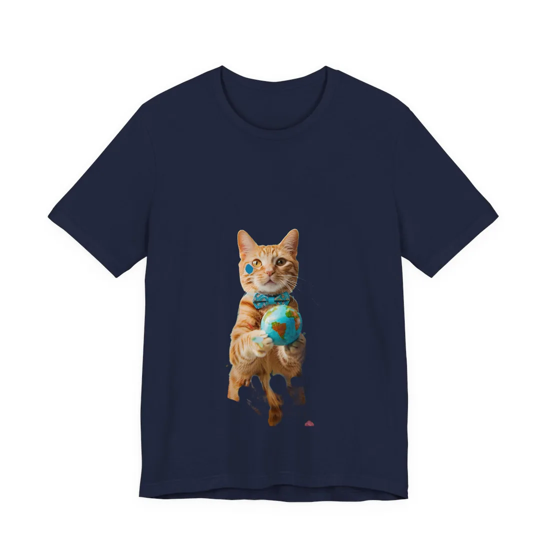 Charming Whiskers: Cat in Bow Tie with Mini Flag - T-Shirt (Navy)