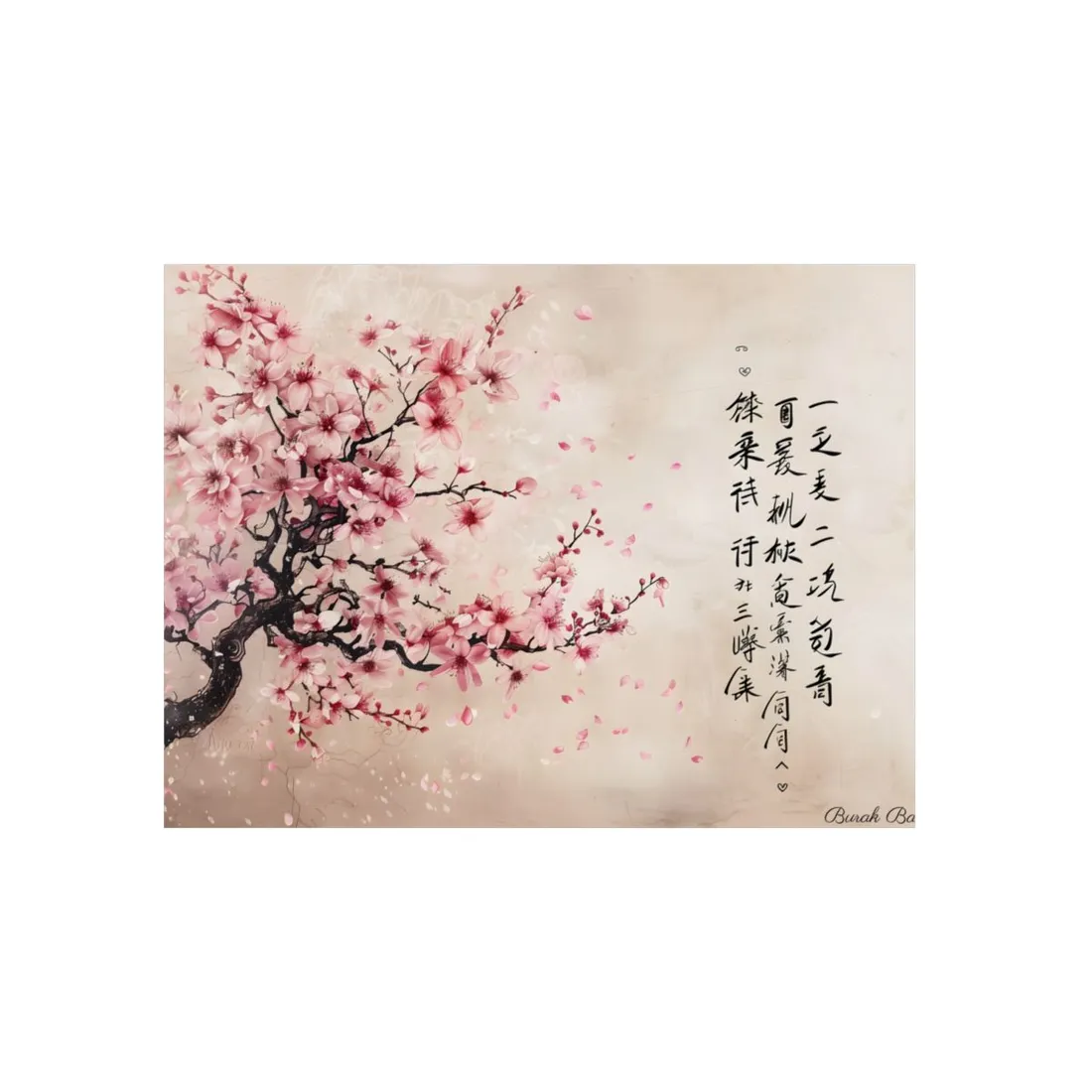 Cherry Blossom Branch: Japanese Ink Painting with Calligraphy - Metal Poster