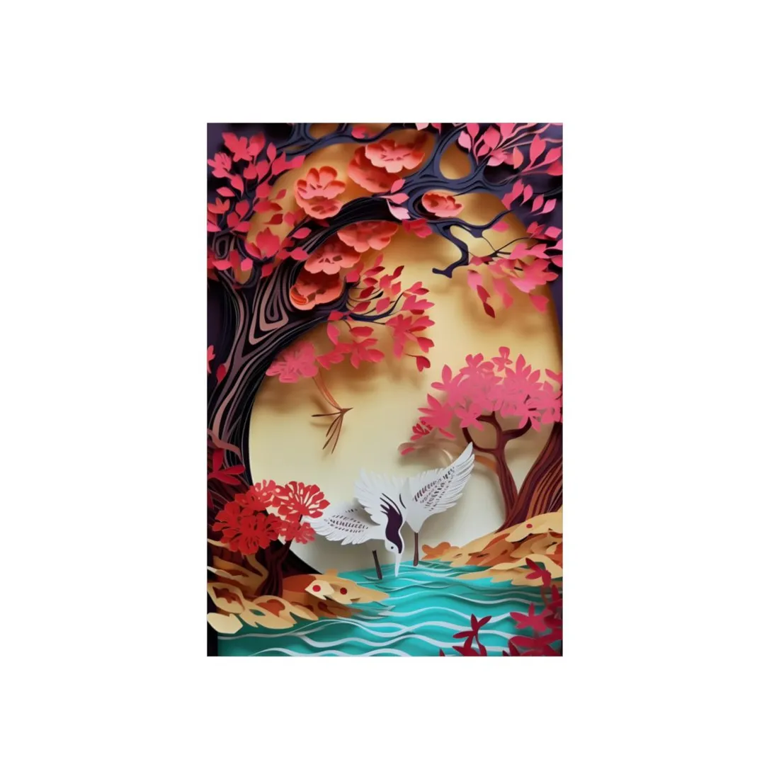Cherry Blossom Branch with White Crane: Paper Quilled Nature Art - Metal Poster