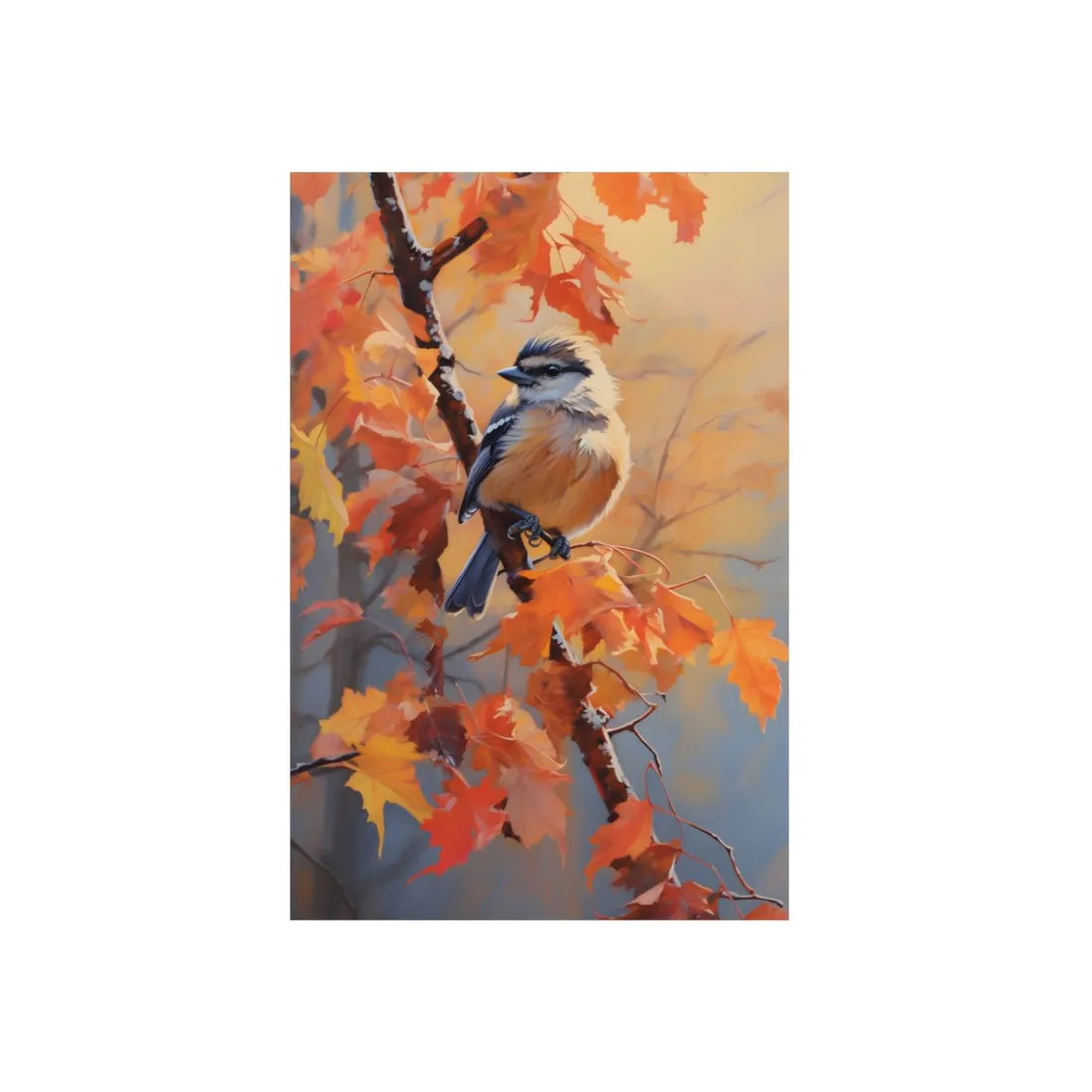 Chickadee on the Autumn Maple Branch: Oil Painting - Metal Poster