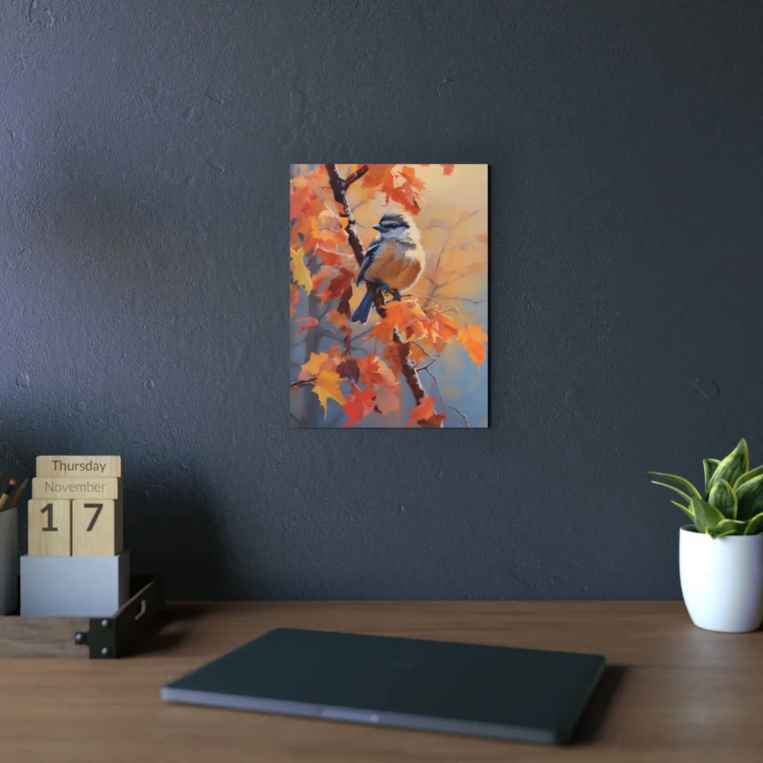 Chickadee on the Autumn Maple Branch: Oil Painting - Metal Poster
