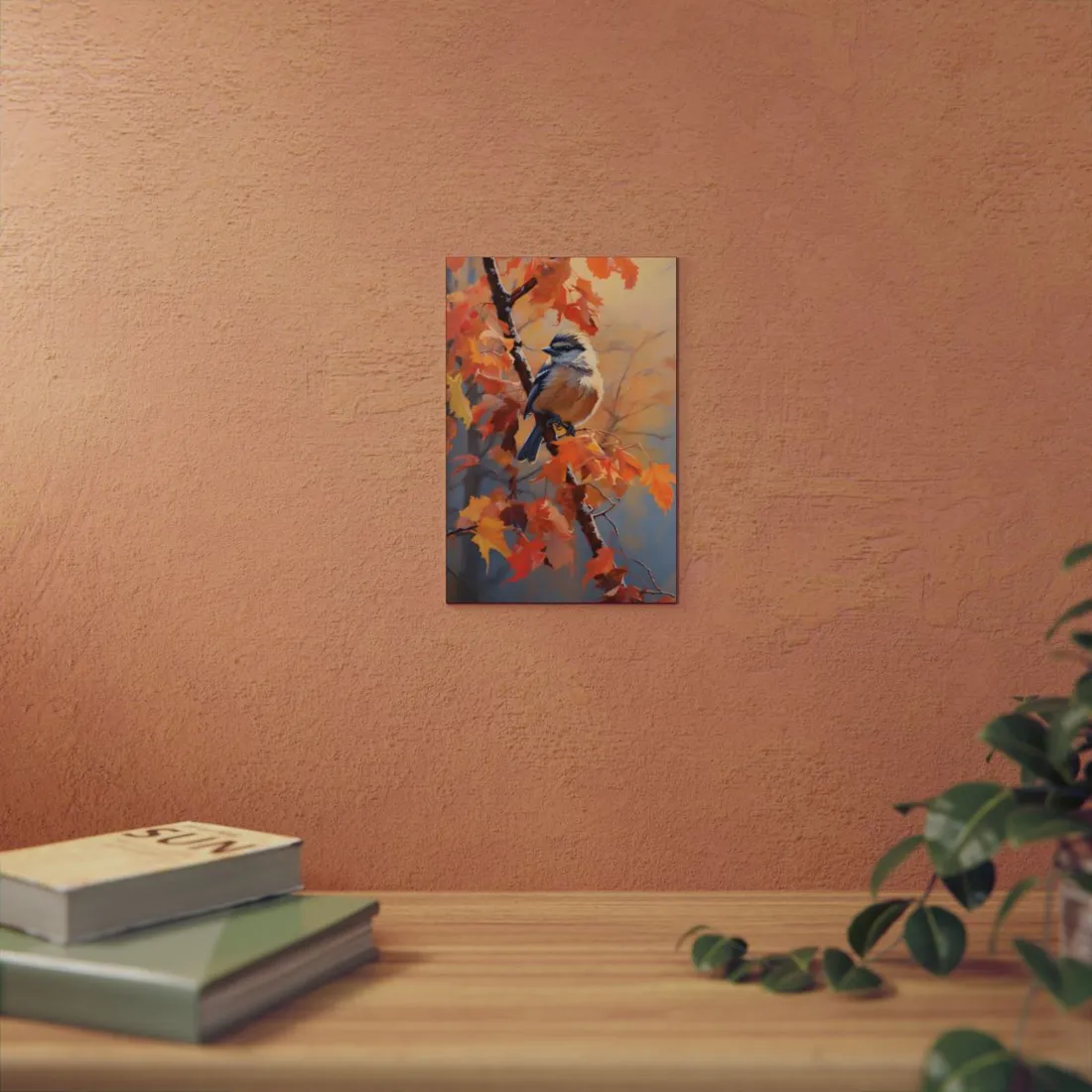 Chickadee on the Autumn Maple Branch: Oil Painting - Metal Poster