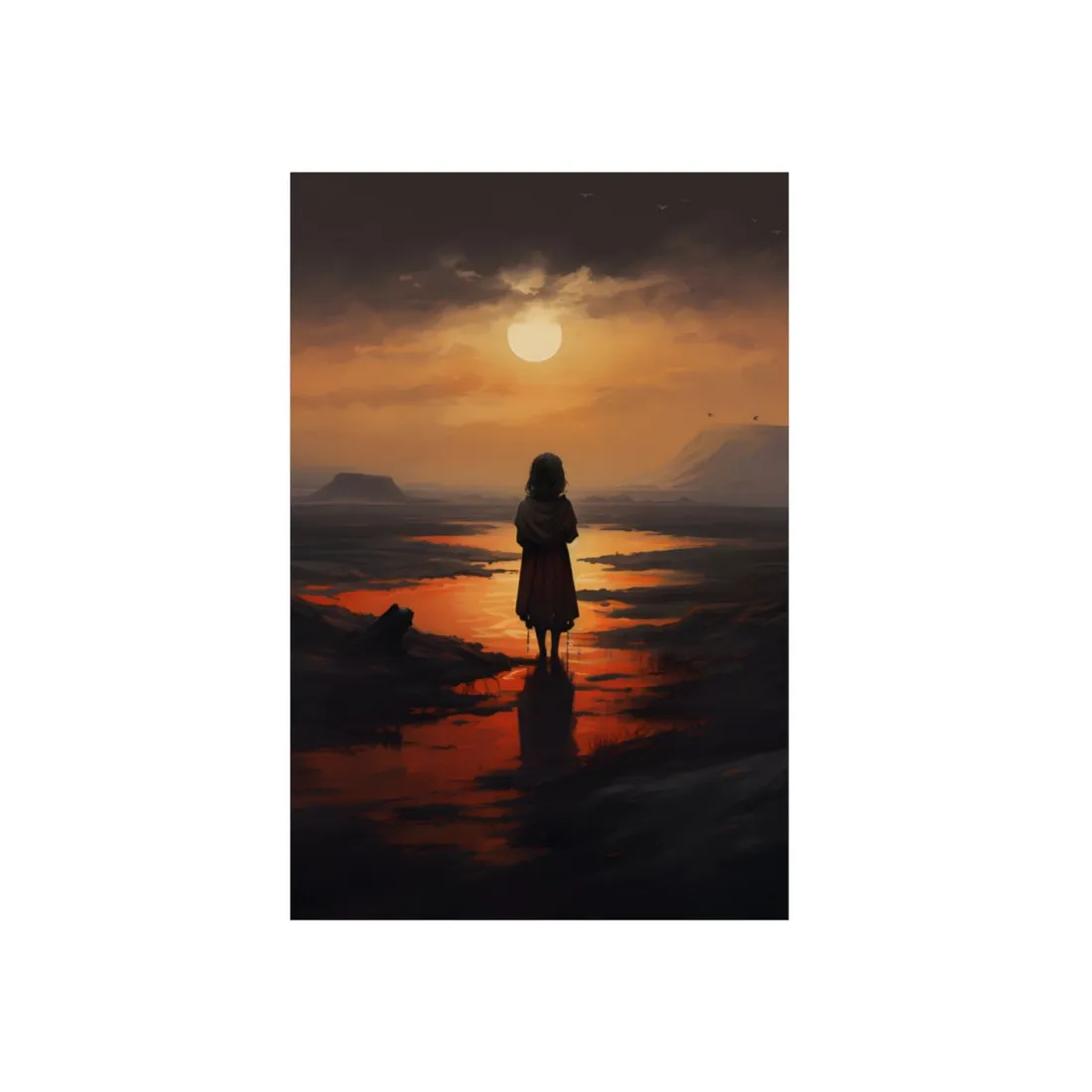Child at Sunset: Silhouette on the Shore - Metal Poster