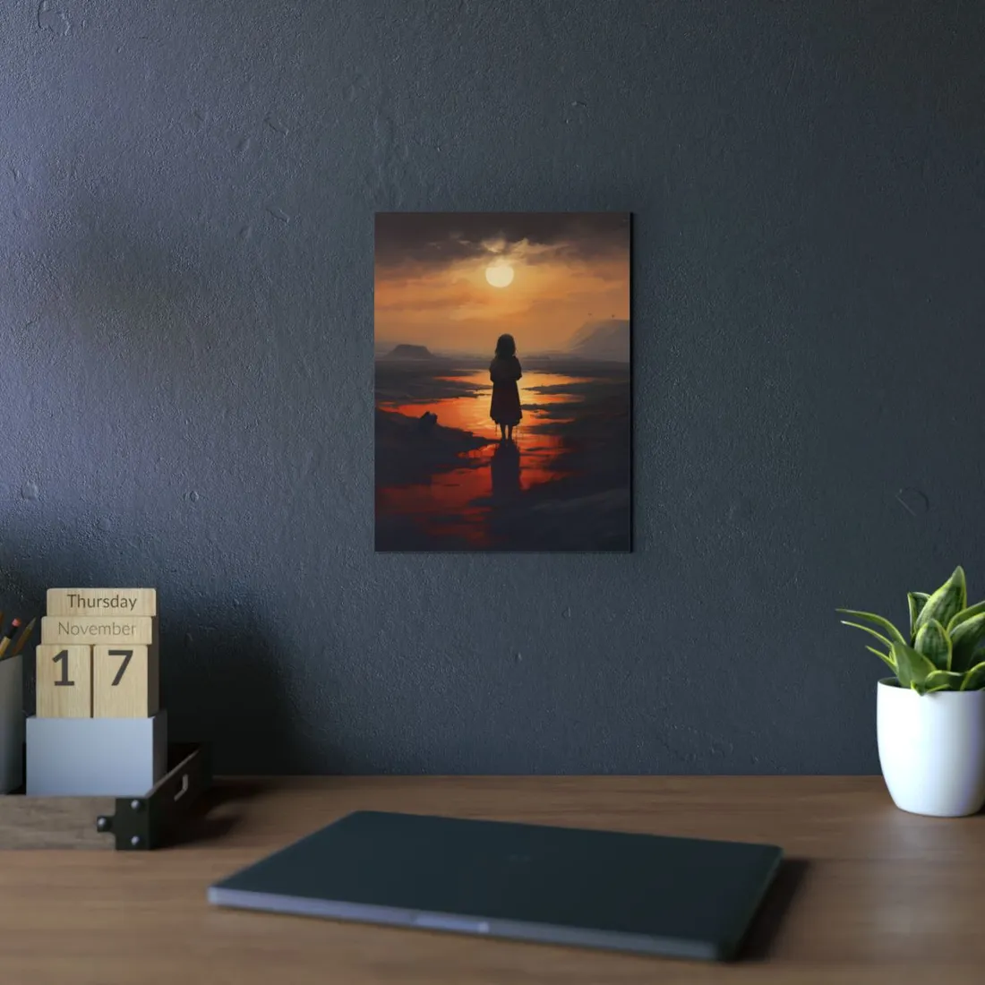 Child at Sunset: Silhouette on the Shore - Metal Poster