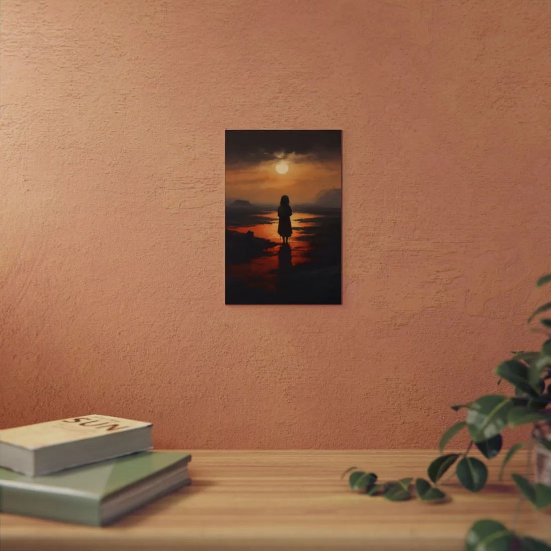 Child at Sunset: Silhouette on the Shore - Metal Poster