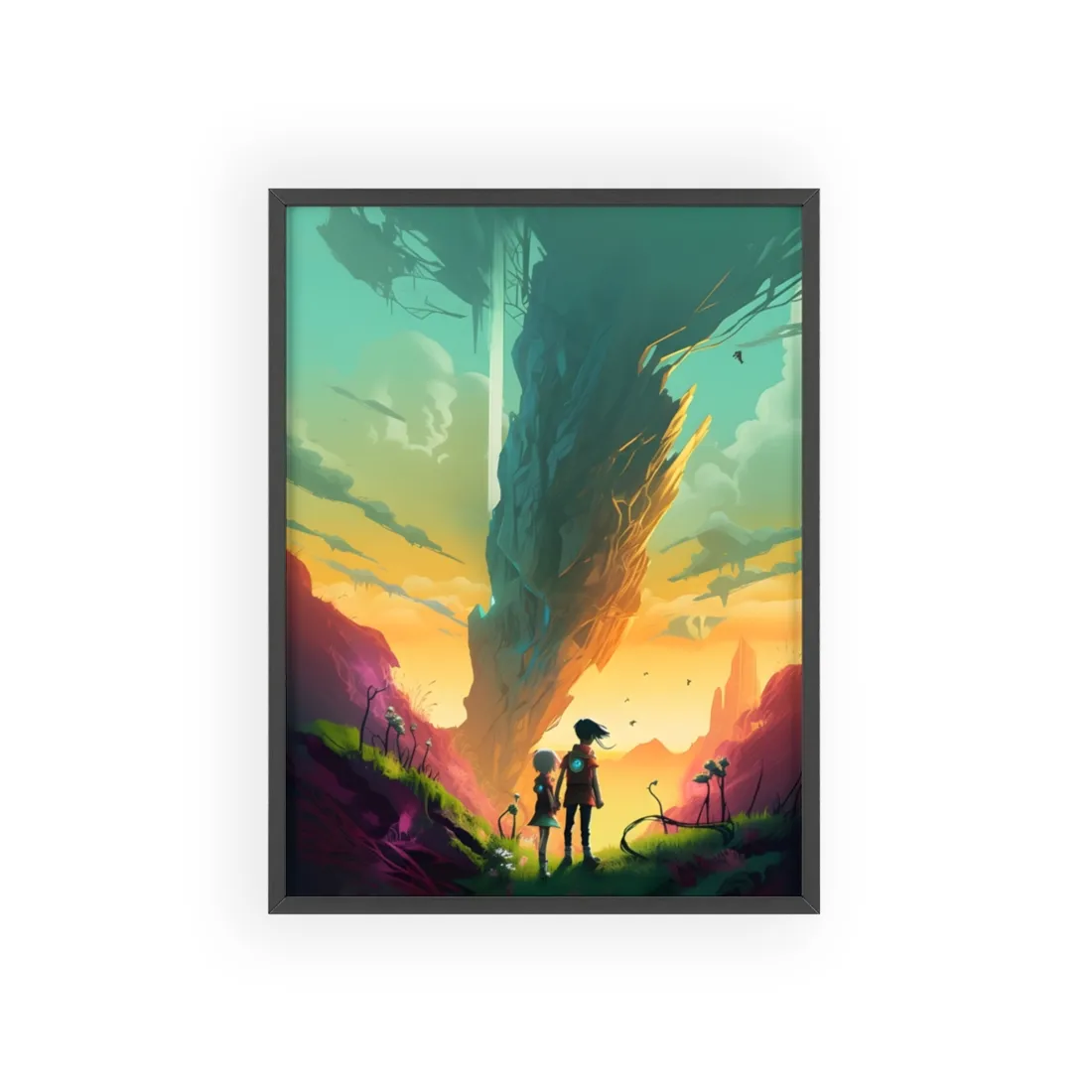 Children in Nature: A Peaceful Meadow on a Cloudy Day - Framed Poster