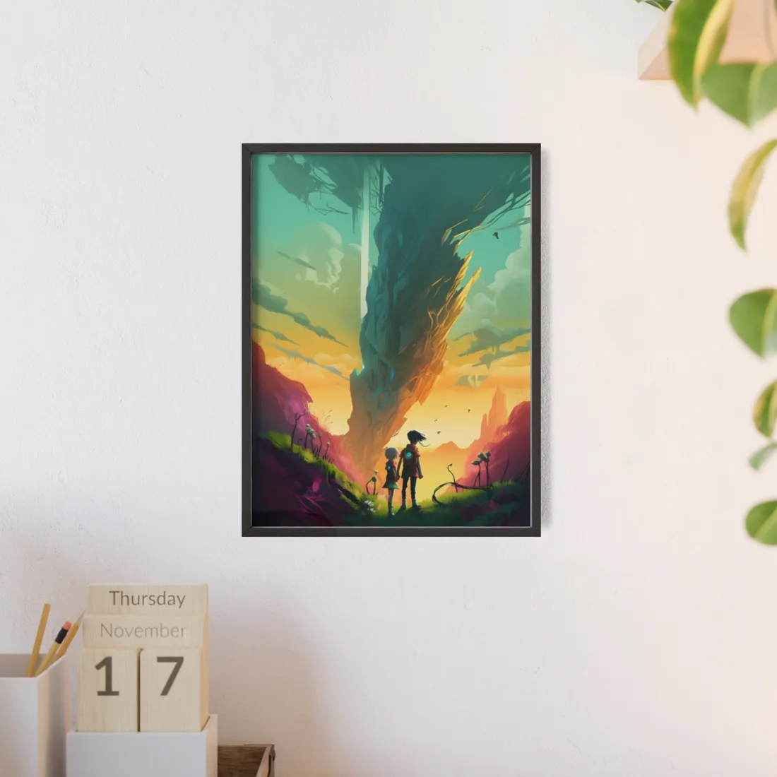 Children in Nature: A Peaceful Meadow on a Cloudy Day - Framed Poster