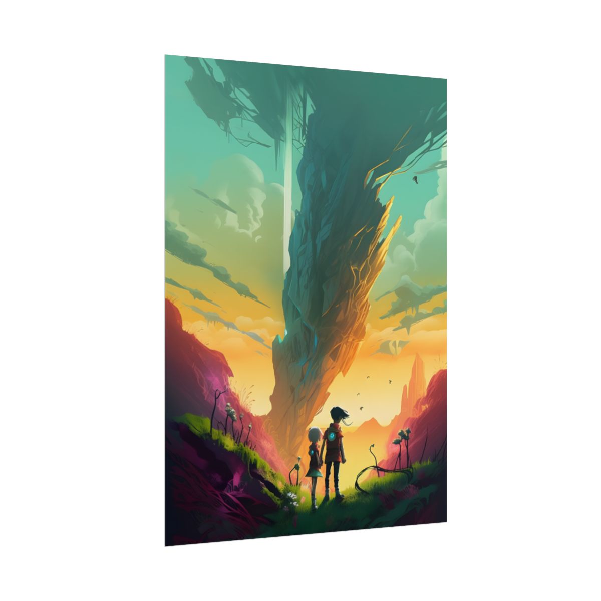 Children in Nature: A Peaceful Meadow on a Cloudy Day - Poster