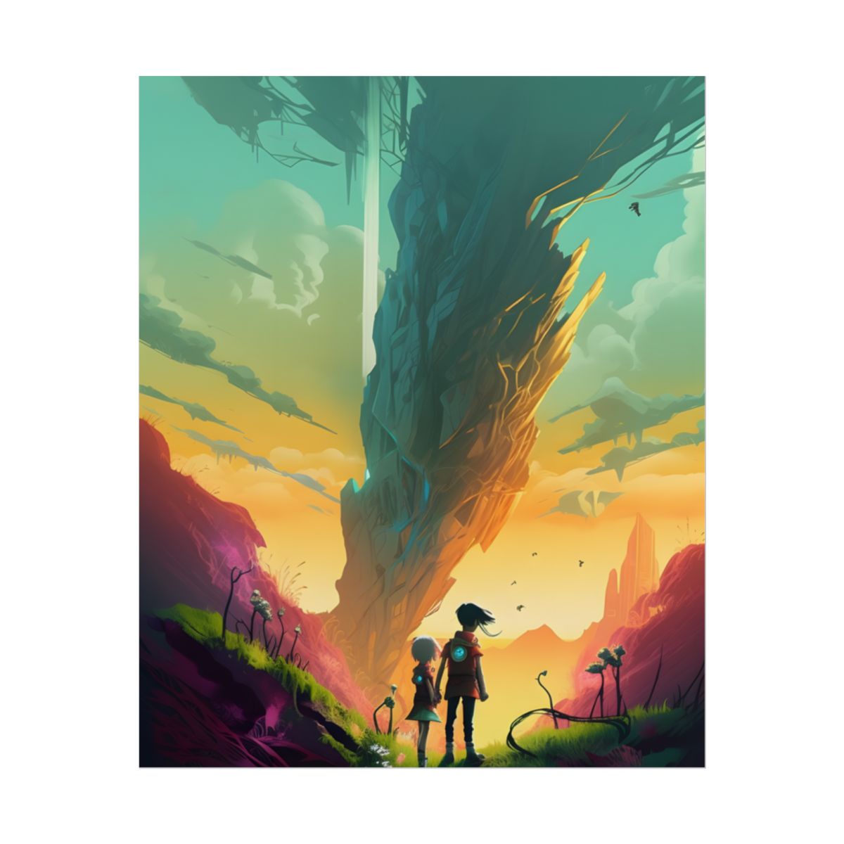 Children in Nature: A Peaceful Meadow on a Cloudy Day - Poster