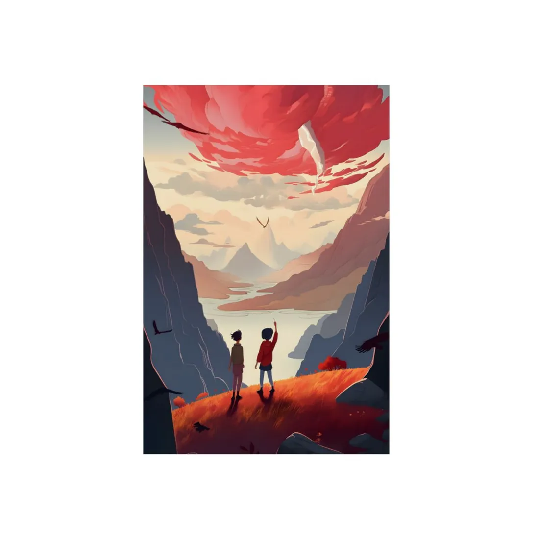 Children on Fantasy Cliff: Fiery Sunset Mountain Vista - Metal Poster