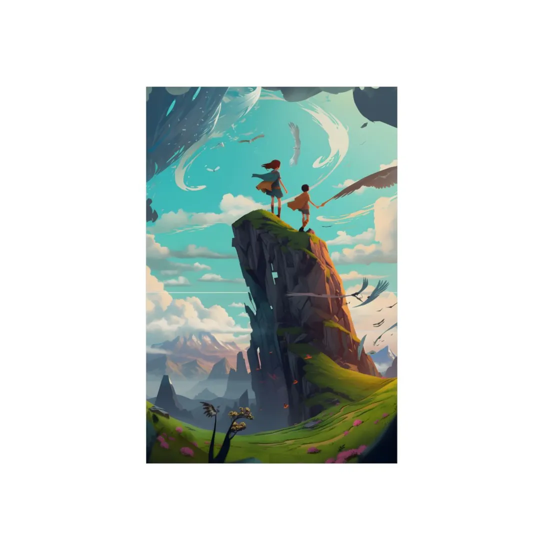 Children on Rock Pinnacle: Fantasy Mountain Vista Art - Metal Poster