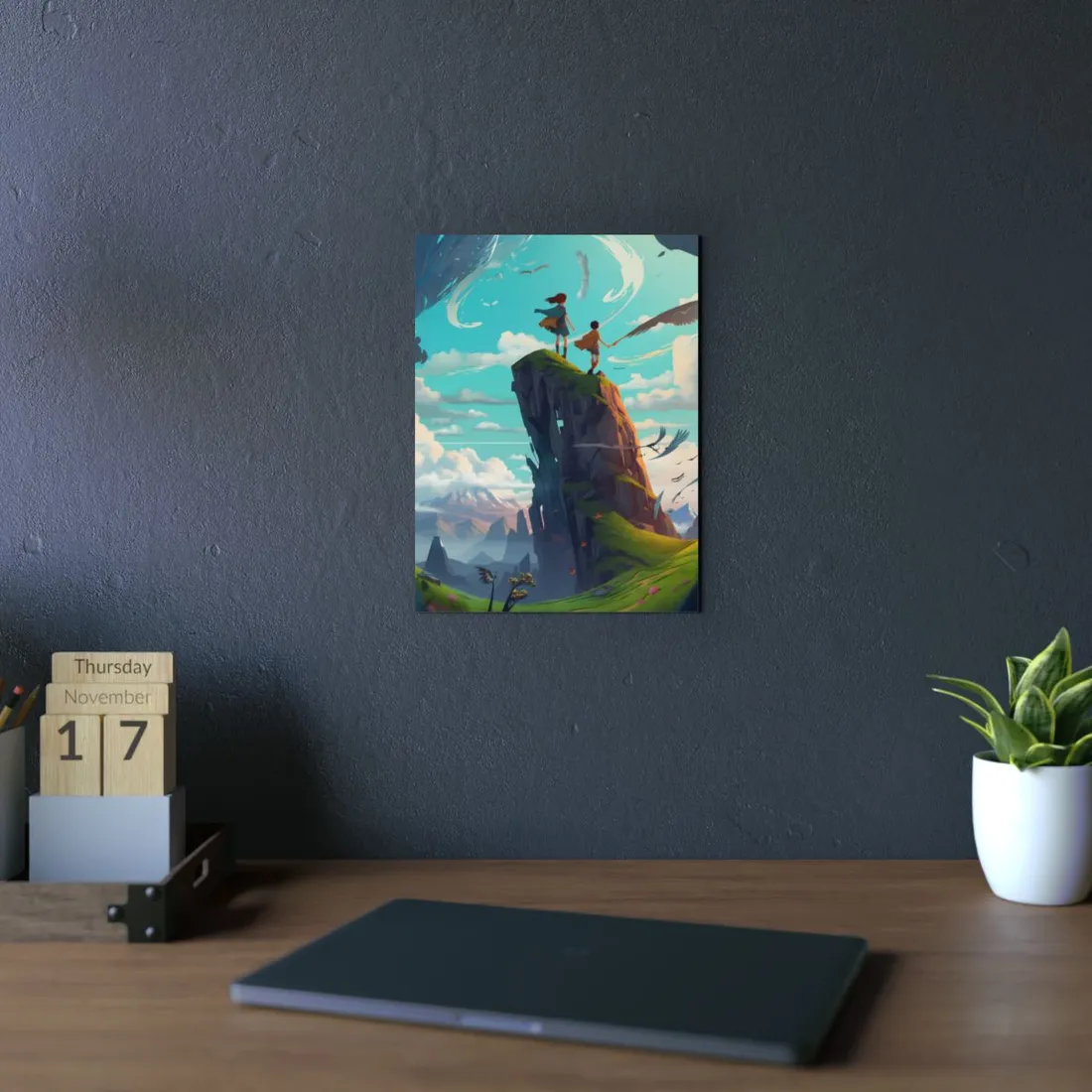 Children on Rock Pinnacle: Fantasy Mountain Vista Art - Metal Poster