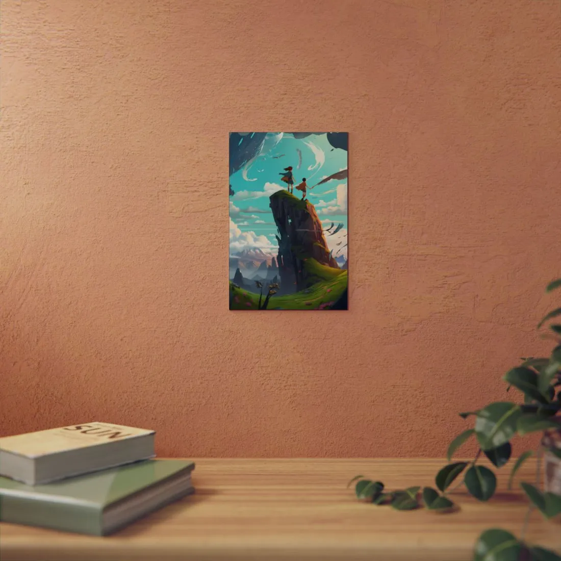 Children on Rock Pinnacle: Fantasy Mountain Vista Art - Metal Poster