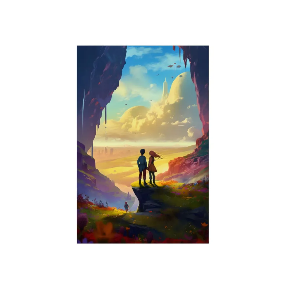 Children Overlooking Golden Valley: Fantasy Sci-Fi Vista Art - Metal Poster