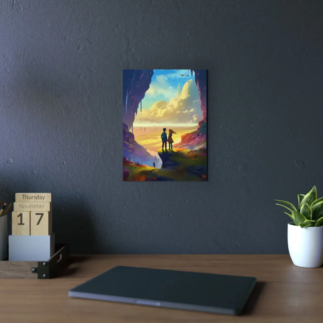 Children Overlooking Golden Valley: Fantasy Sci-Fi Vista Art - Metal Poster