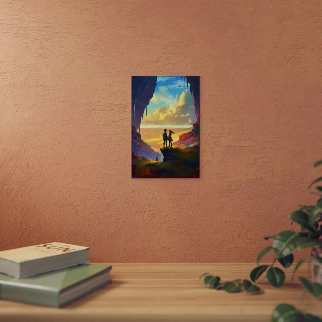 Children Overlooking Golden Valley: Fantasy Sci-Fi Vista Art - Metal Poster