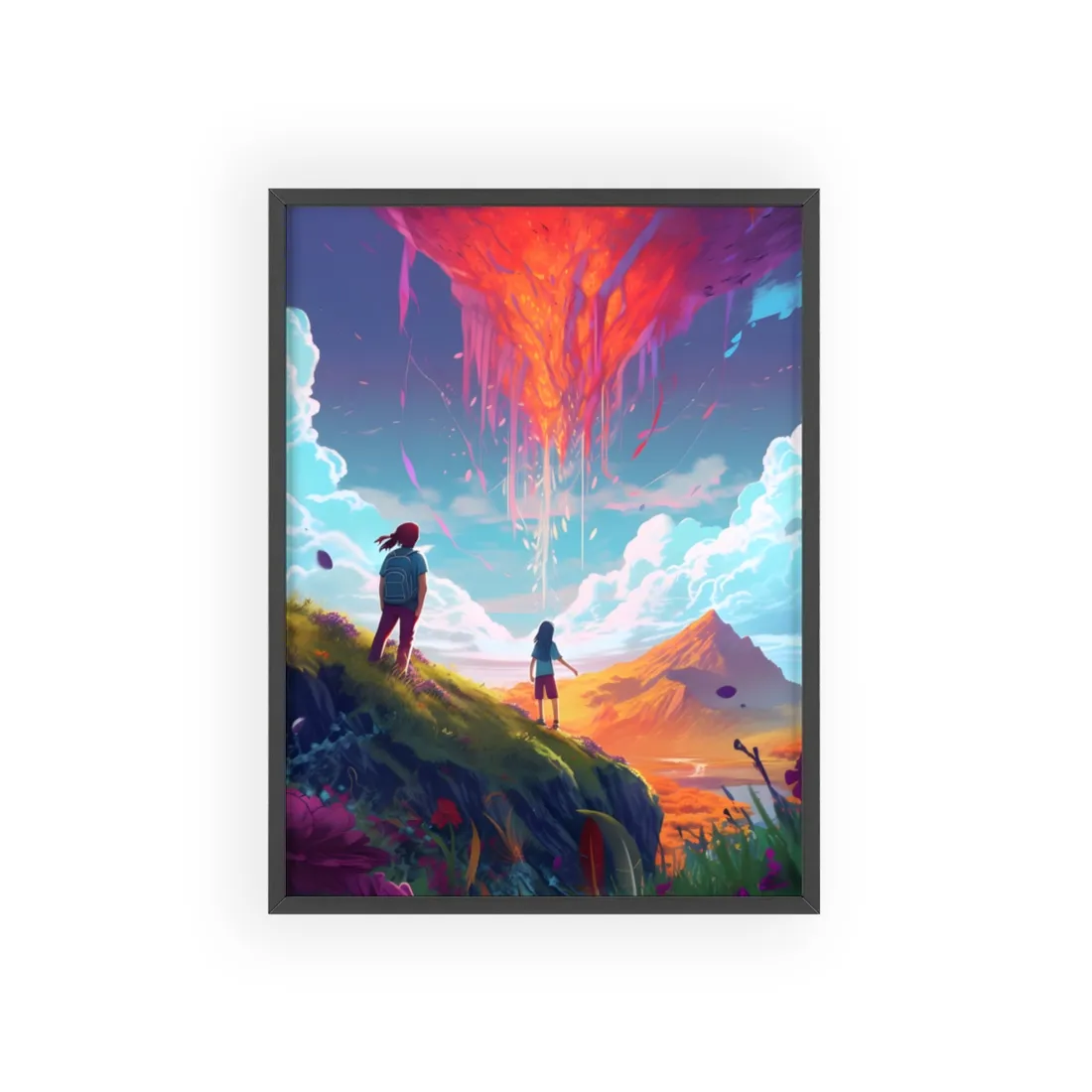 Children's Serene Moment: Meadow Under a Cloudy Sky - Framed Poster
