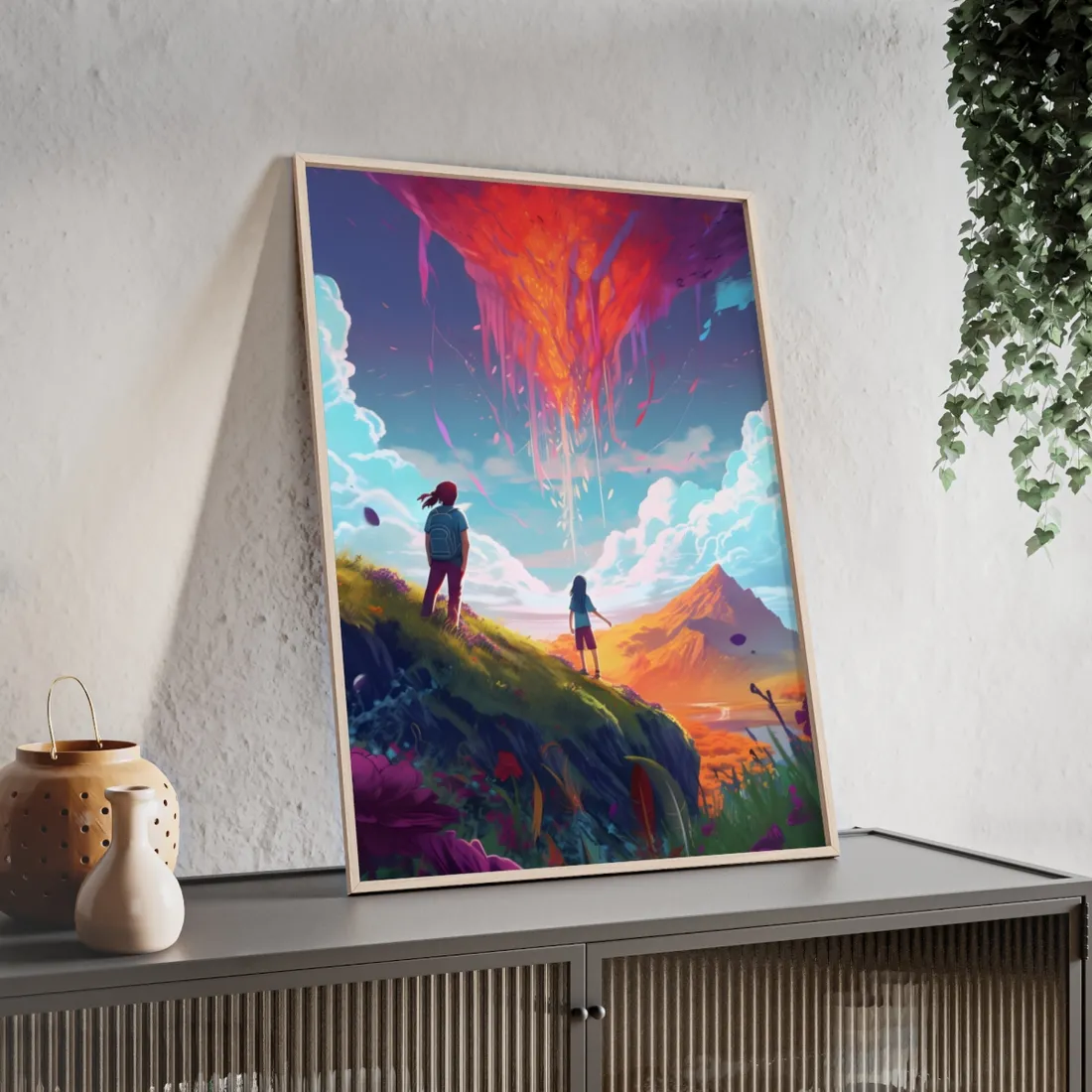 Children's Serene Moment: Meadow Under a Cloudy Sky - Framed Poster