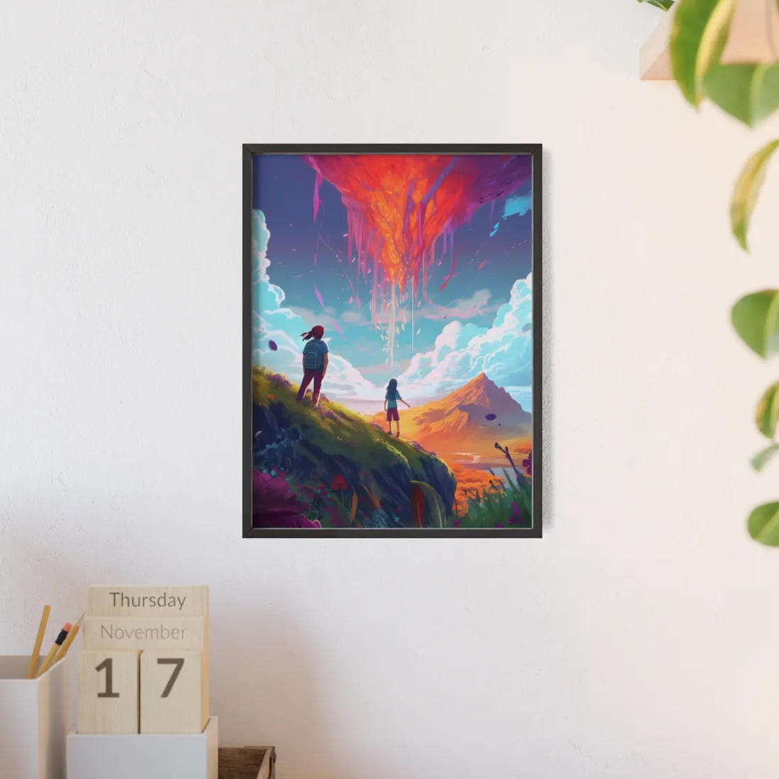 Children's Serene Moment: Meadow Under a Cloudy Sky - Framed Poster
