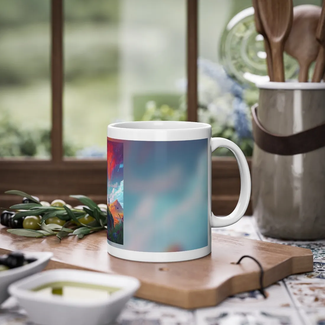 Children's Serene Moment: Meadow Under a Cloudy Sky - Mug
