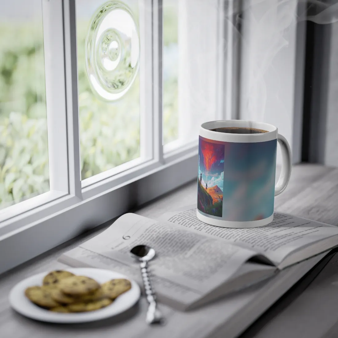 Children's Serene Moment: Meadow Under a Cloudy Sky - Mug