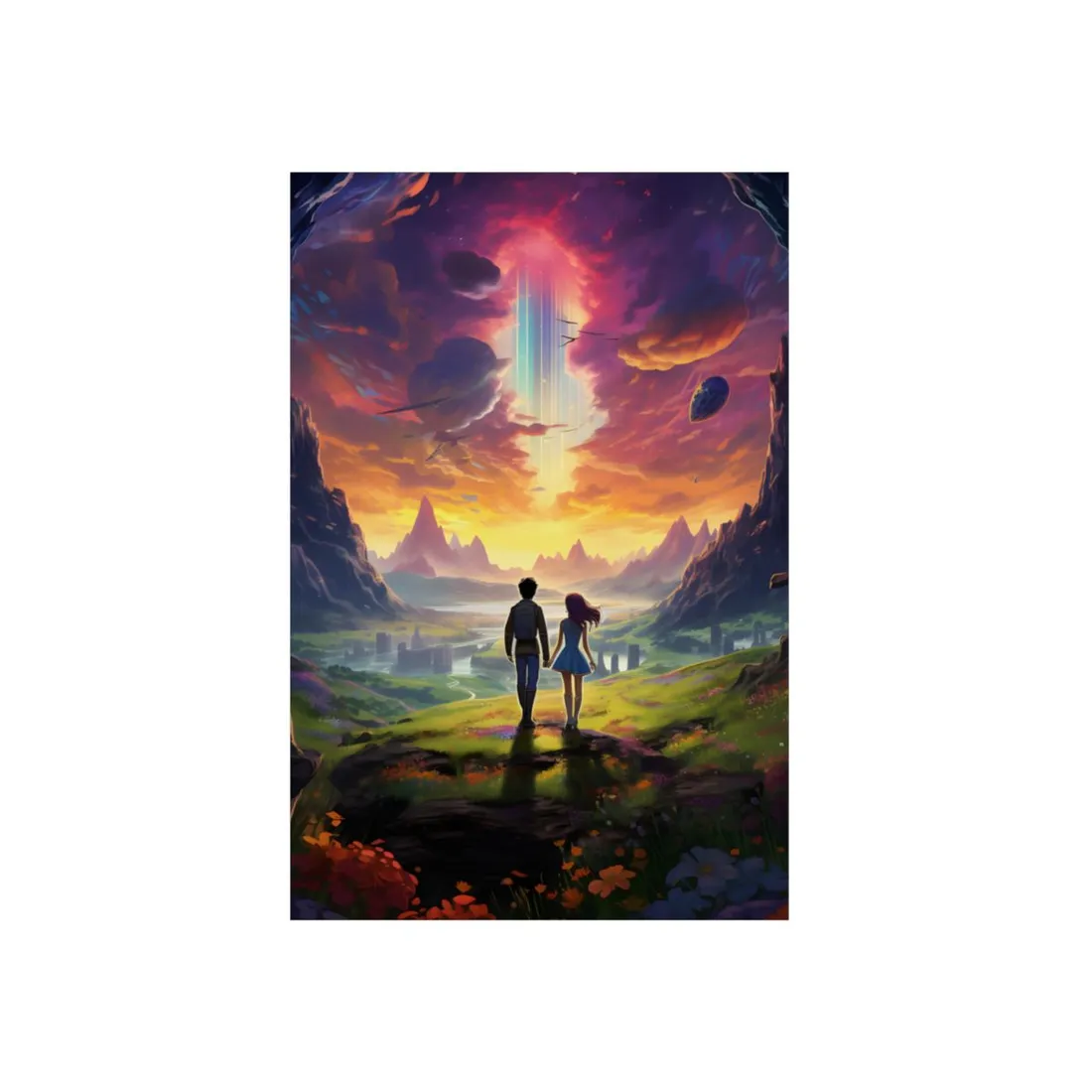Children Under Sky Light Beam: Fantasy Mountain Valley Art - Metal Poster
