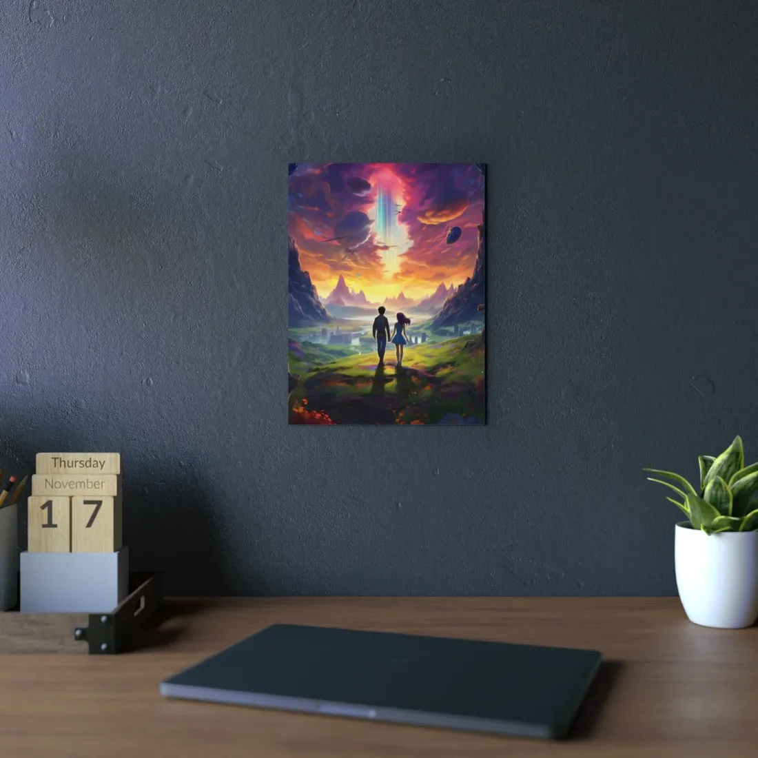 Children Under Sky Light Beam: Fantasy Mountain Valley Art - Metal Poster