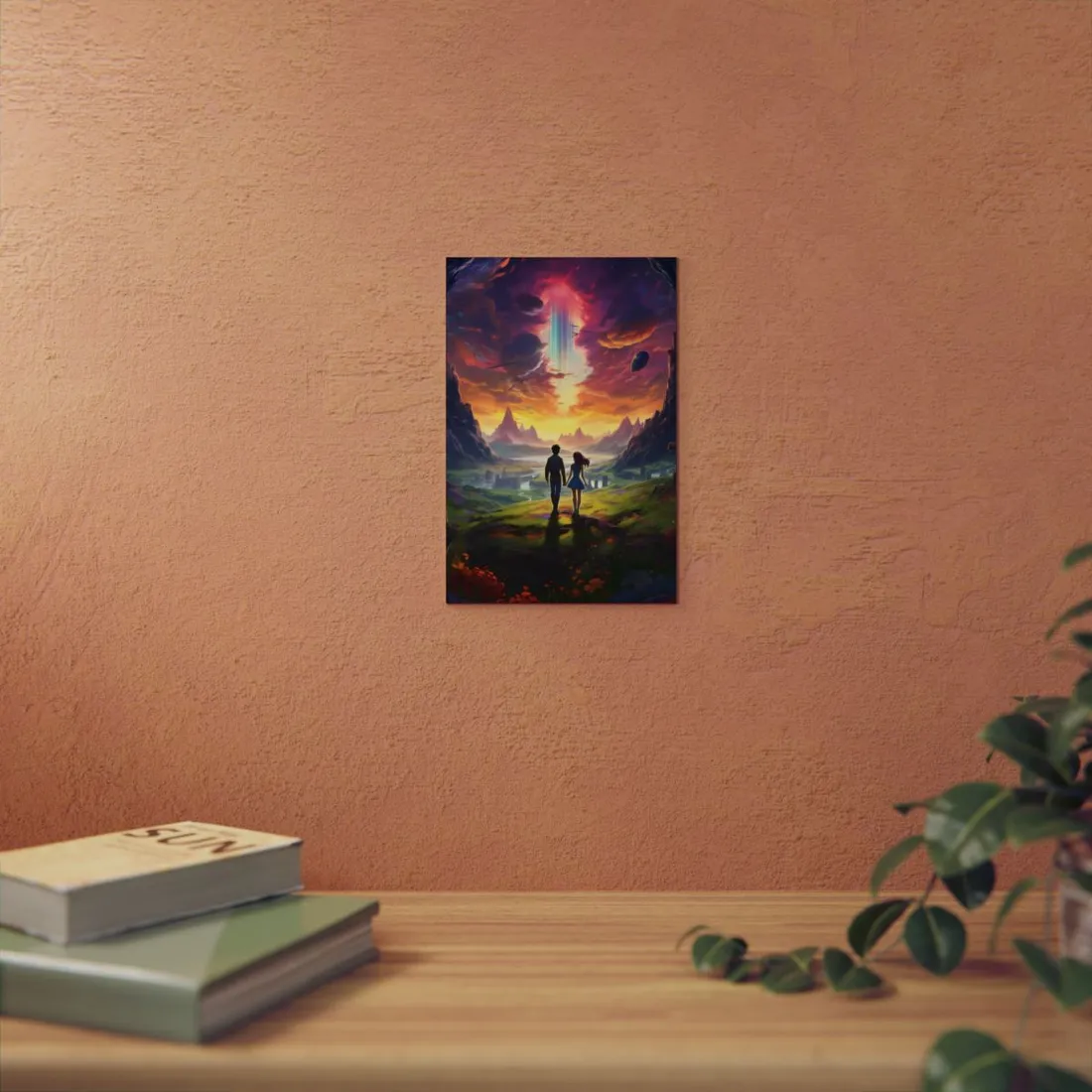 Children Under Sky Light Beam: Fantasy Mountain Valley Art - Metal Poster