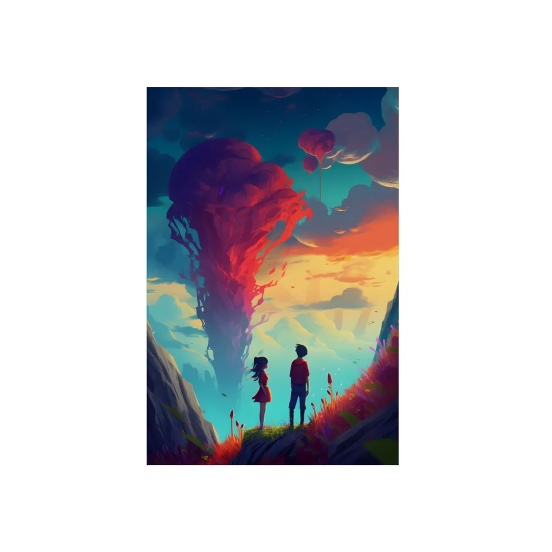 Children Watching Crimson Sky Vortex: Fantasy Landscape Art - Metal Poster