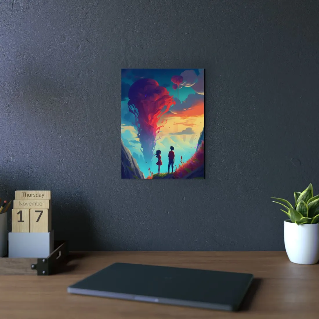 Children Watching Crimson Sky Vortex: Fantasy Landscape Art - Metal Poster