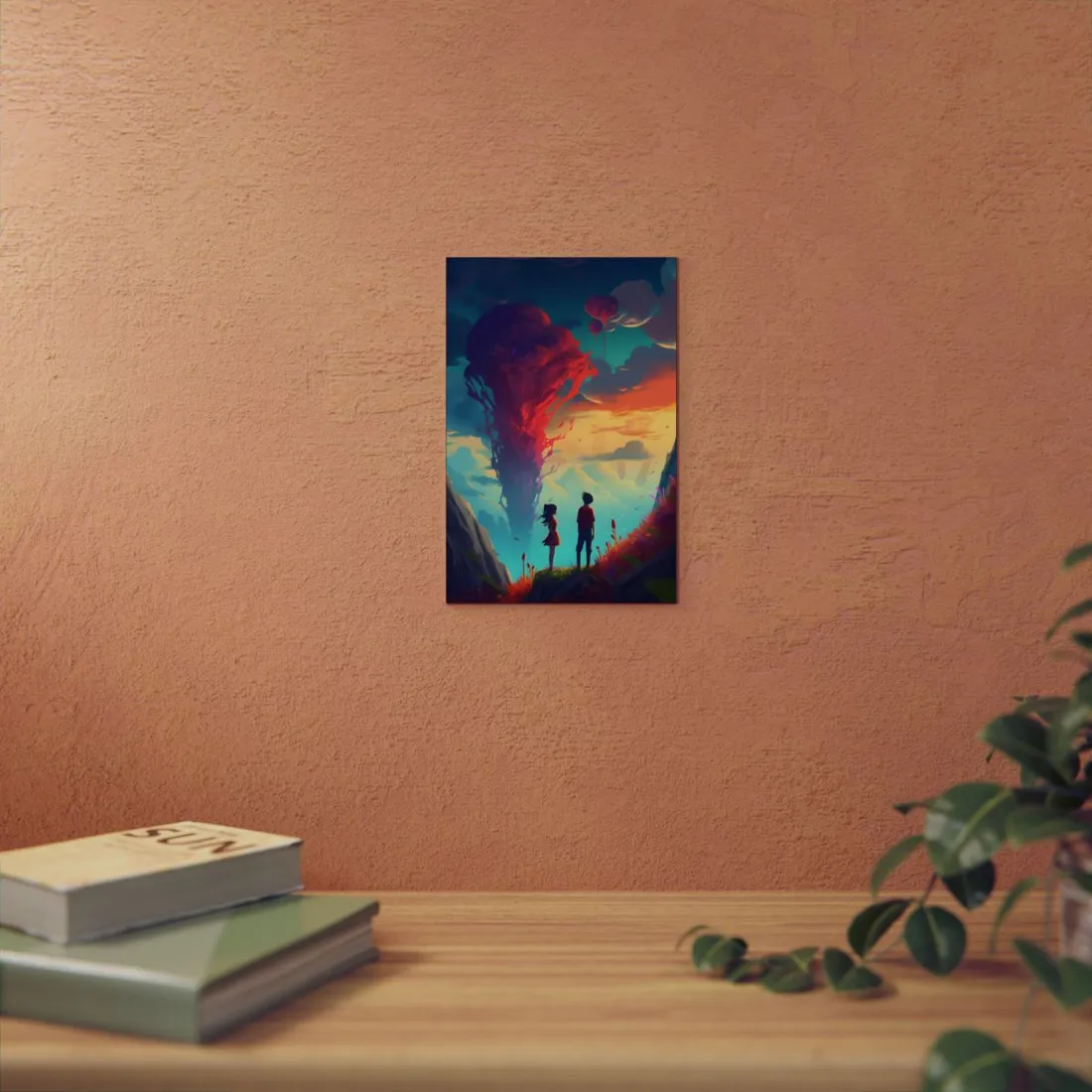 Children Watching Crimson Sky Vortex: Fantasy Landscape Art - Metal Poster