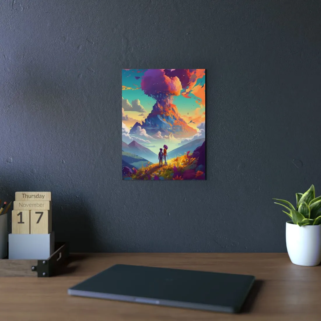 Children Watching Giant Floating Tree Mountain: Fantasy Landscape Art - Metal Poster