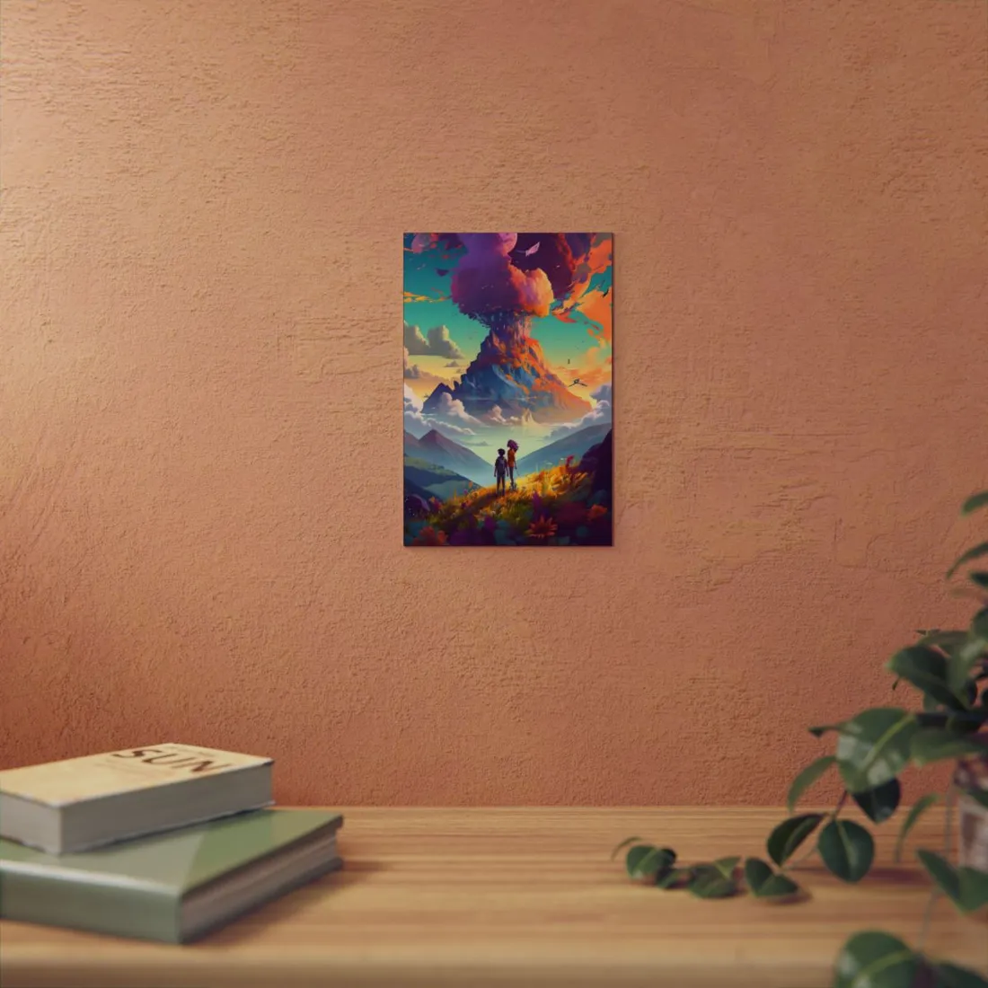Children Watching Giant Floating Tree Mountain: Fantasy Landscape Art - Metal Poster