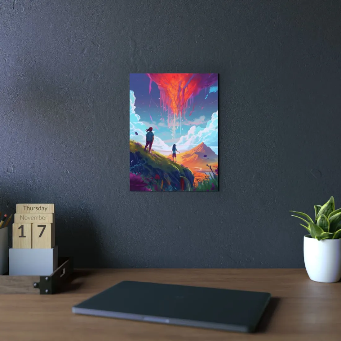 Children Watching Sky Waterfall: Fantasy Landscape Art - Metal Poster
