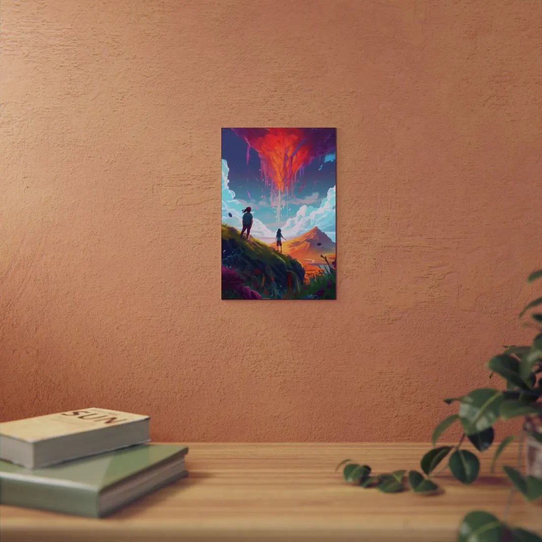 Children Watching Sky Waterfall: Fantasy Landscape Art - Metal Poster