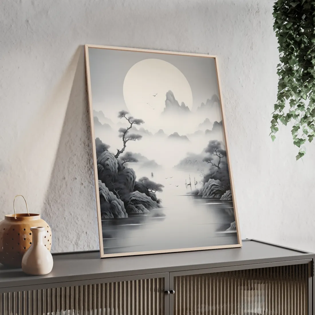 Chinese Ink Mirror Landscape: Serene - Framed Poster