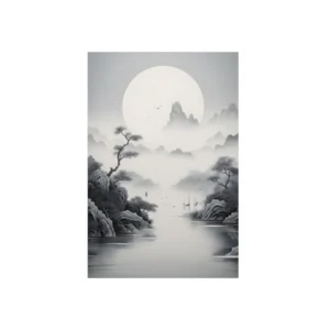 Misty Lake and Full Moon Metal Poster