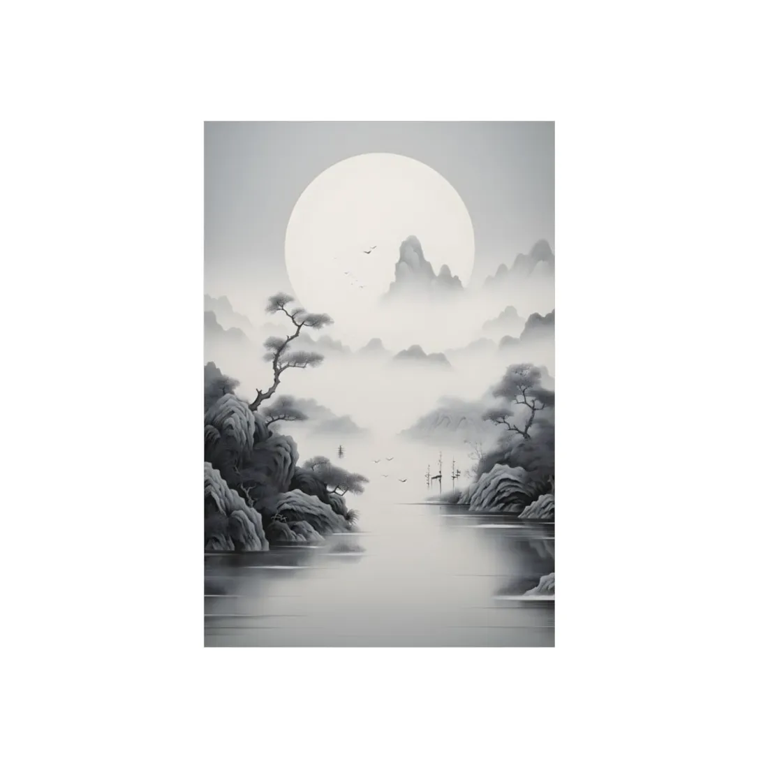 Chinese Ink Mirror Landscape: Serene - Metal Poster