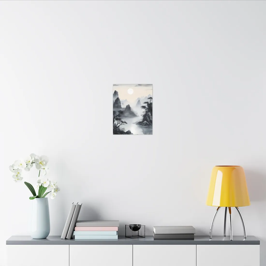 Chinese Ink Serenity: Mirrored Lakes Landscape Art - Canvas