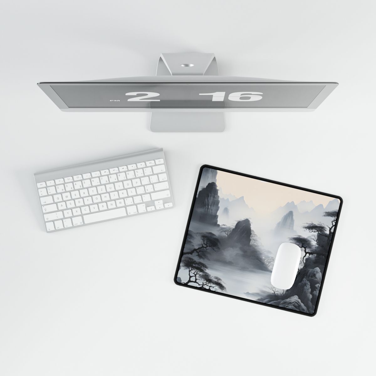 Chinese Ink Serenity: Mirrored Lakes Landscape Art - Desk Mat