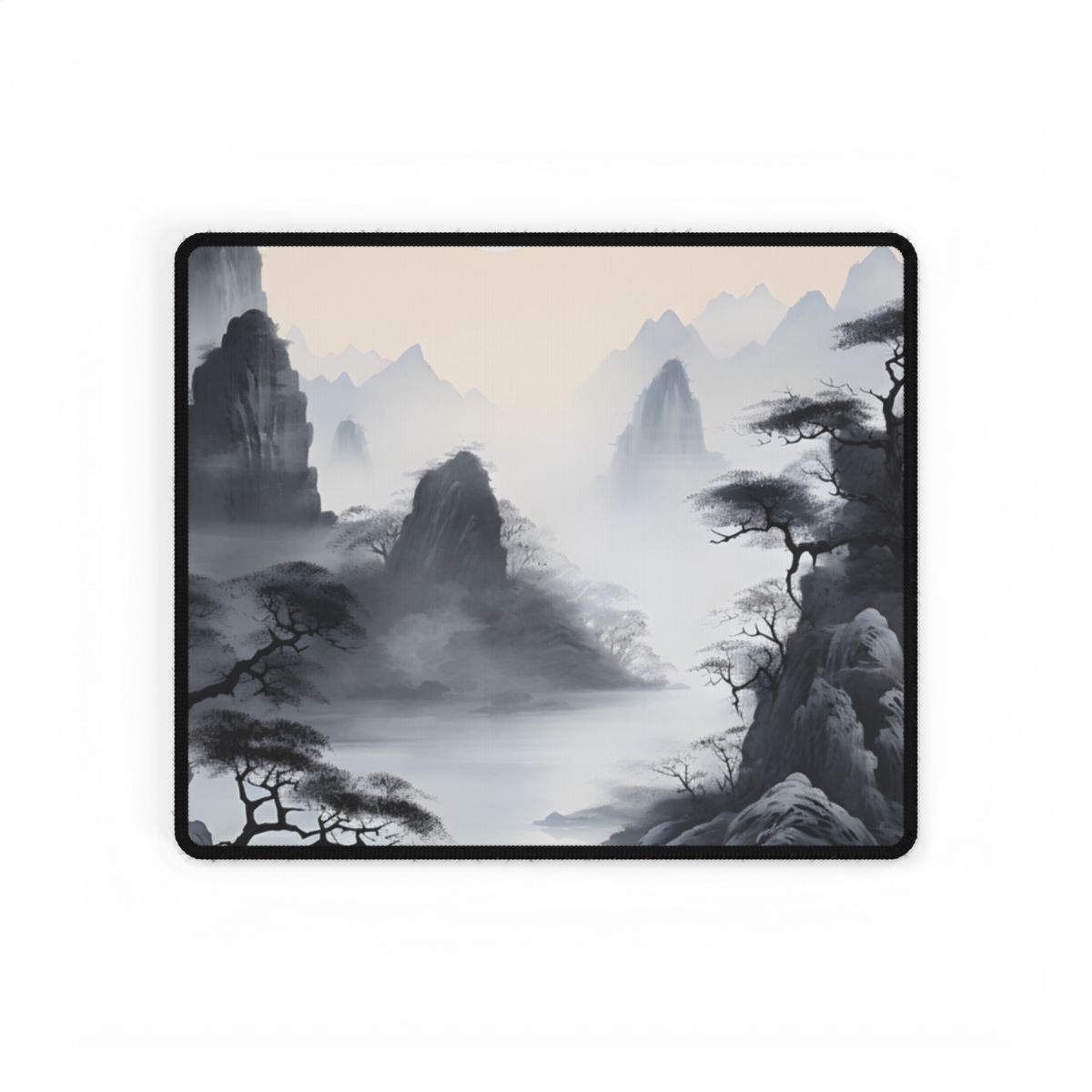 Chinese Ink Serenity: Mirrored Lakes Landscape Art - Desk Mat