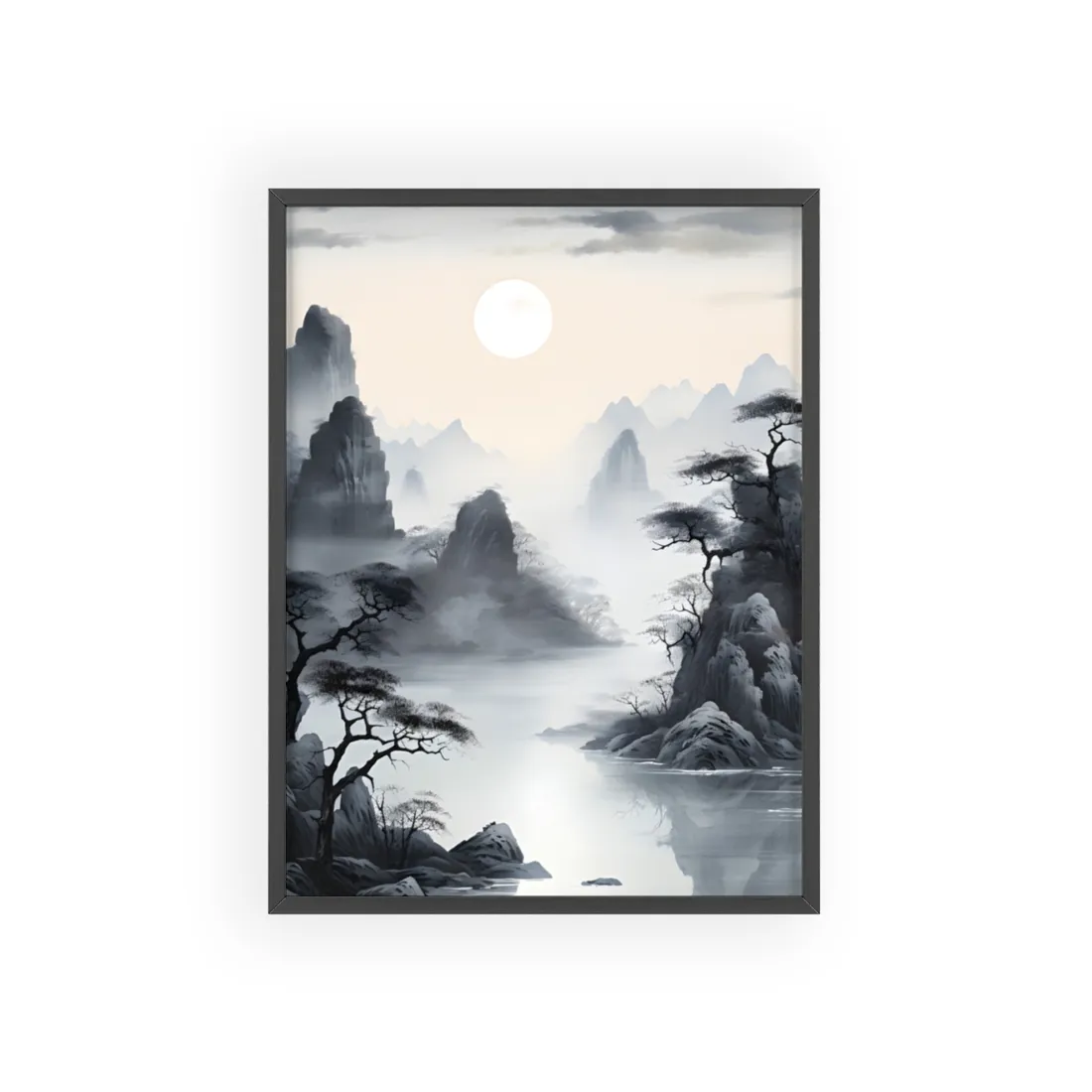Chinese Ink Serenity: Mirrored Lakes Landscape Art - Framed Poster