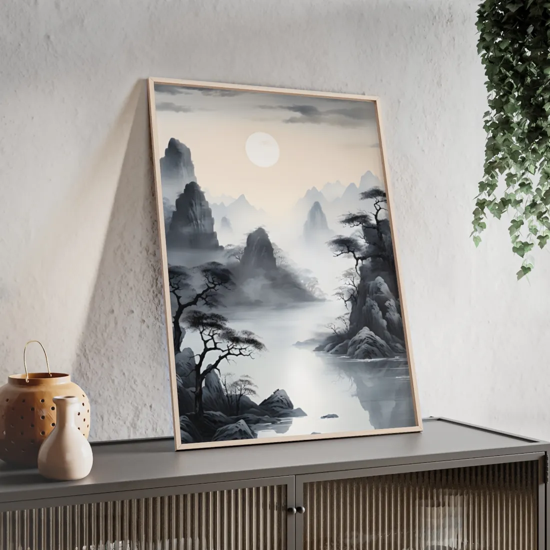 Chinese Ink Serenity: Mirrored Lakes Landscape Art - Framed Poster