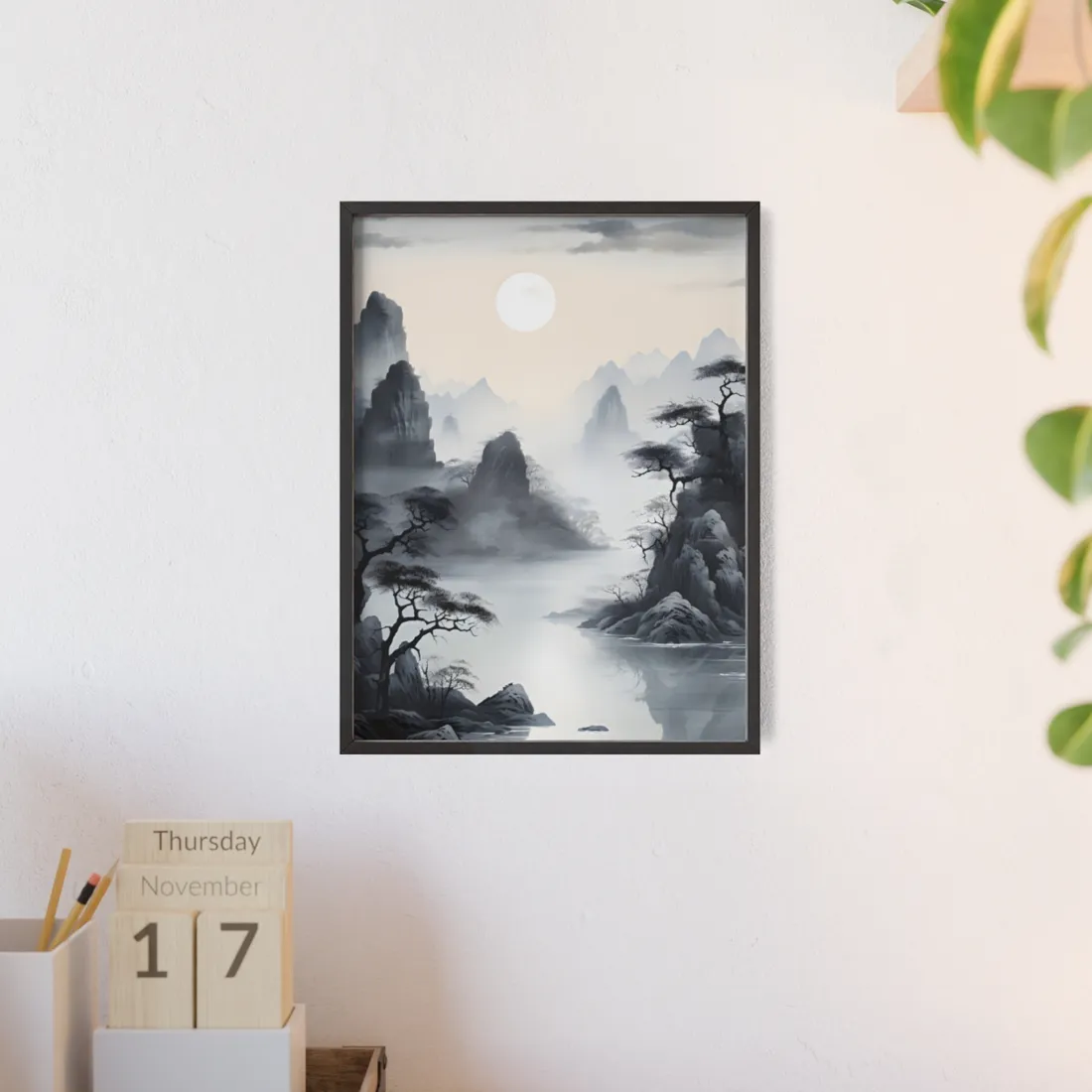 Chinese Ink Serenity: Mirrored Lakes Landscape Art - Framed Poster