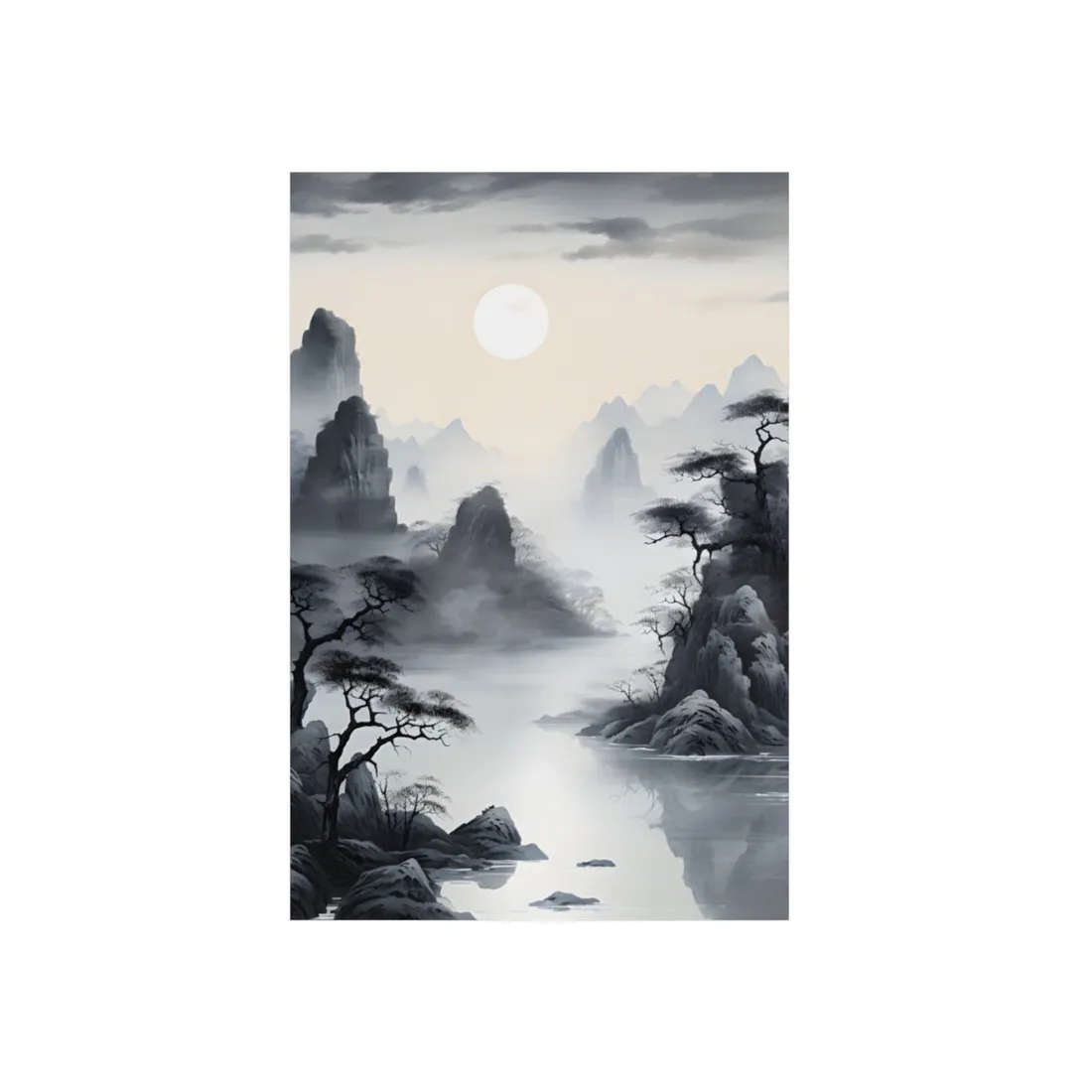 Chinese Ink Serenity: Mirrored Lakes Landscape Art - Metal Poster