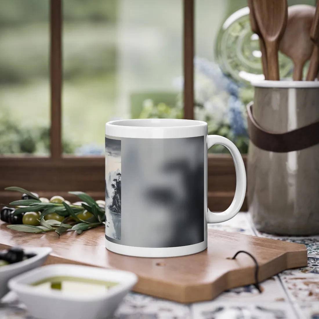 Chinese Ink Serenity: Mirrored Lakes Landscape Art - Mug