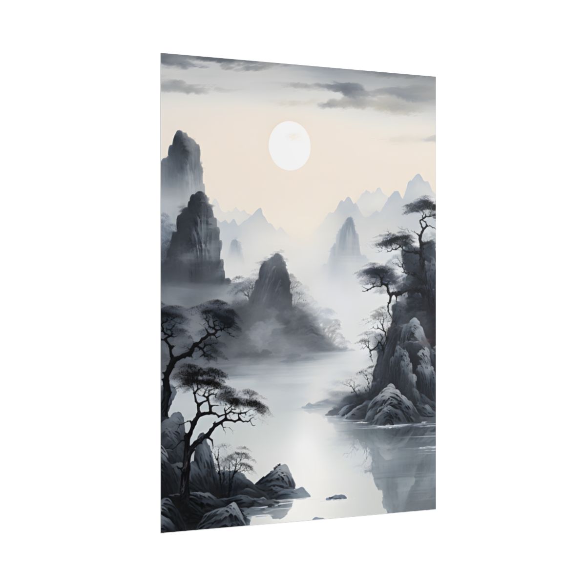 Chinese Ink Serenity: Mirrored Lakes Landscape Art - Poster